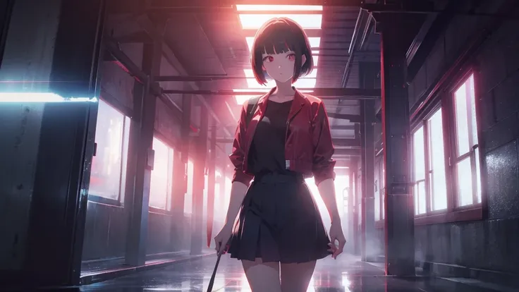 girl with short bob hair,Red eyes ,A shining heaven,Walking in heaven