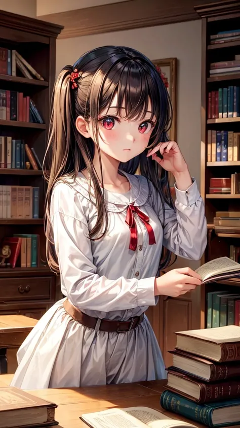 ((masterpiece,Best quality))1 girl, One, bookshelf, A stack of books, Suzuno, in room, hair ornament, Young, Red eyes,  