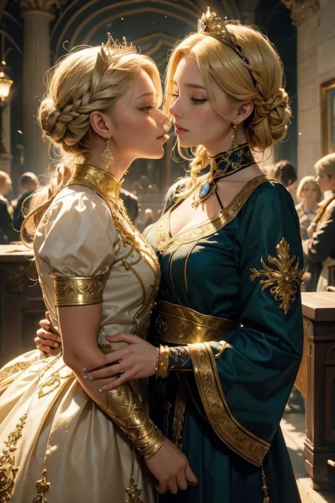 Gorgeous court costumes, blonde hair, french braid, crown, mole under eye, light smile, Renaissance, ray tracing, Sony FE GM, masterpiece, UHD, anatomically correct, textured skin, two girls are deeply in love with each other, kiss