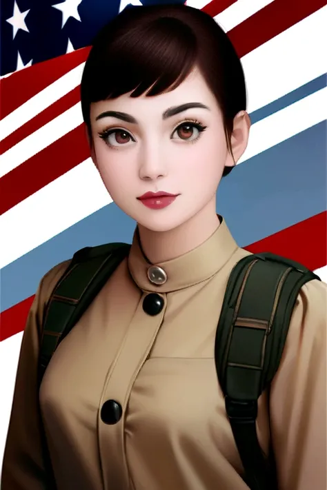 Top quality: realistic, 9k, masterpiece: 1:3, Audrey Hepburn, cute, wearing US female soldier uniform, background: US flag