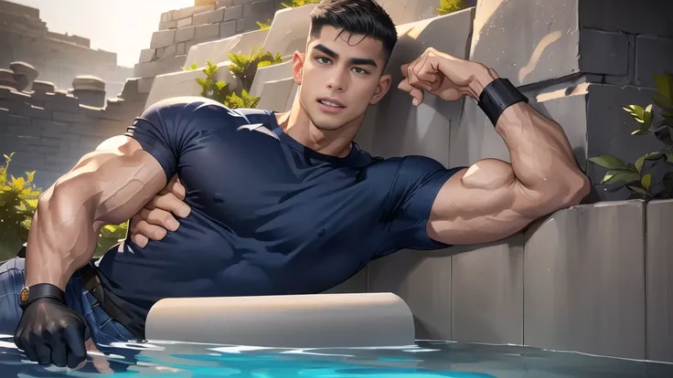 1 man,(lying on the water wall:1.6),(crew cut short hair:1.3),black eye,(Wear a fitted round neck t-shirt in navy with a police badge.:1.3),(fit neck),Navy blue jeans,(black_gloves), Korean guy,chest muscles,large arm muscles,blood vessel,Big muscles,Broad...