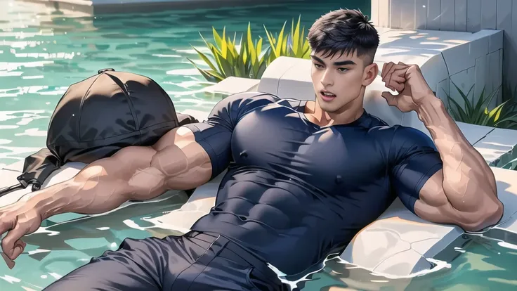 1 man,(lying on the water wall:1.6),(crew cut short hair:1.3),black eye,(Wear a fitted round neck t-shirt in navy with a police badge.:1.3),(fit neck),Navy blue jeans,(black_gloves), Korean guy,chest muscles,large arm muscles,blood vessel,Big muscles,Broad...