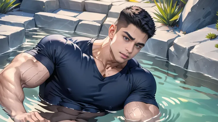 1 man,(lying on the water wall:1.6),(crew cut short hair:1.3),black eye,(Wear a fitted round neck t-shirt in navy with a police badge.:1.3),(fit neck),Navy blue jeans,(black_gloves), Korean guy,chest muscles,large arm muscles,blood vessel,Big muscles,Broad...