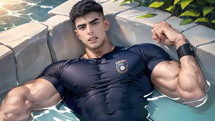 1 man,(lying on the water wall:1.6),(crew cut short hair:1.3),black eye,(Wear a fitted round neck t-shirt in navy with a police badge.:1.3),(fit neck),Navy blue jeans,(black_gloves), Korean guy,chest muscles,large arm muscles,blood vessel,Big muscles,Broad...