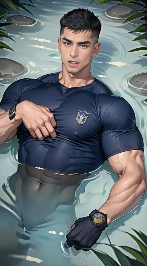 1 man,(lying on the water wall:1.6),(crew cut short hair:1.3),black eye,(Wear a fitted round neck t-shirt in navy with a police badge.:1.3),(fit neck),Navy blue jeans,(black_gloves),
Korean guy,chest muscles,large arm muscles,blood vessel,Big muscles,Broad...