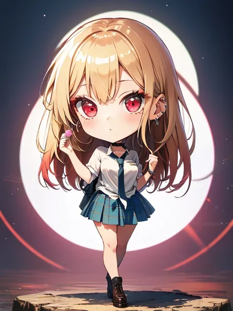 sunrise time,  (chibi), full body, (masterpiece), highest quality, Kitagawa Marine, 1girl, blonde hair, long hair, multicolored hair, red eyes, jewelry, earrings, piercing, , white shirt, tied shirt, black choker, blue necktie, plaid skirt