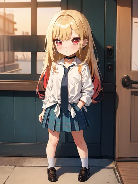 sunrise time,  (chibi), full body, (masterpiece), highest quality, Kitagawa Marine, 1girl, blonde hair, long hair, multicolored hair, red eyes, jewelry, earrings, piercing, , white shirt, tied shirt, black choker, blue necktie, plaid skirt