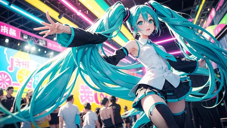 Please upscale Hatsune Miku。This painting depicts an active and colorful dance party scene featuring Hatsune Miku.。Colorful neon lights are shining all around.。