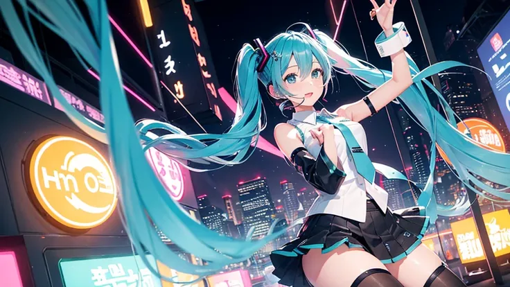 Please upscale Hatsune Miku。This painting depicts an active and colorful dance party scene featuring Hatsune Miku.。Colorful neon lights are shining all around.。