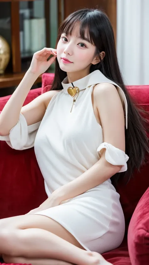  1 Girl, 30 years old，Chinese Face，Super white skin，Plump and plump，High collar dress，Sitting on the sofa，Long hair