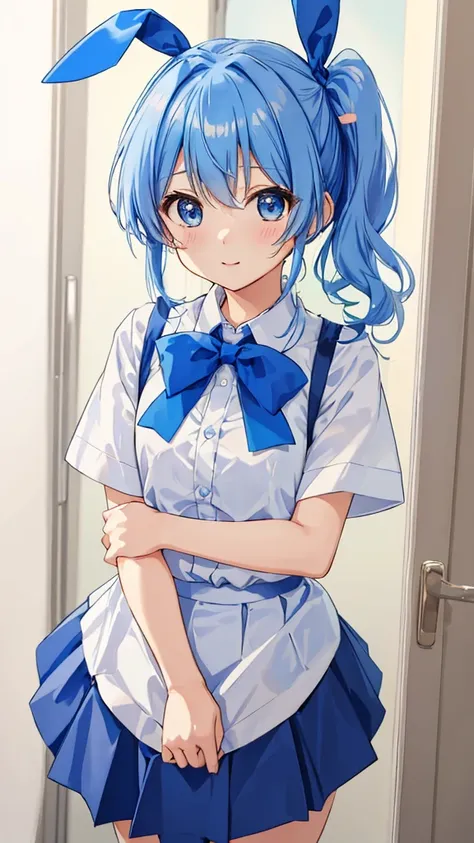 nagisa minase, bangs, blue eyes, blue hair, hair ribbon, side ponytail,skirt, shirt, bow, , white shirt, short sleeves, pleated skirt, bowtie, blue skirt,