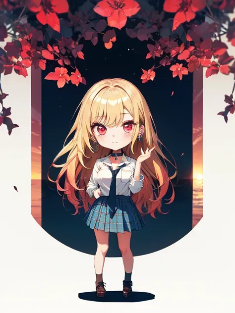 sunrise time,  (chibi), full body, (masterpiece), highest quality, Kitagawa Marine, 1girl, blonde hair, long hair, multicolored hair, red eyes, jewelry, earrings, piercing, , white shirt, tied shirt, black choker, blue necktie, plaid skirt