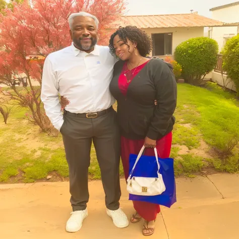 Theyre on the outside, in front of a house with a red bush behind them, Lovely couple, Mom and Dad, taken at the beginning of 2020, with God, edited, the background is heavenly, profile image, foto perfil, he is about 2 5 years old, ney matogrosso with mal...