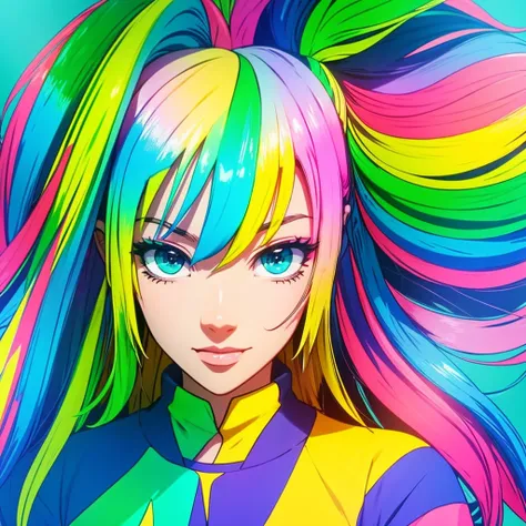 Create a vibrant anime-style girl portrait, Yellow to green、And multi-coloured hair that turns blue. A girl&#39;s hair should flow naturally., And she is big, Expressive blue eyes. Her expression should be soft and gentle, With a warm and kind smile. A com...