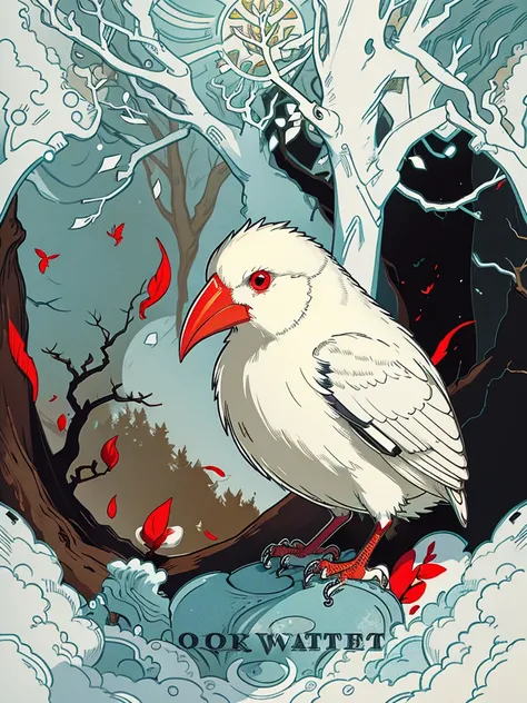 （Highest quality，masterpiece：1.2），Super quality，Red beakを持つアルビノの鳥が木の枝に止まっている，Grasp a thin branch with your feet，Pure white finch：1.5，Pet Birds，slender， Just one，Watching birds,   Cheeky look, birb, Pubic Pose, Intense albinism, Looking away from the camera...