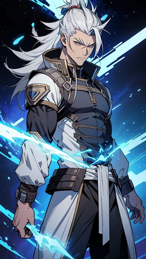 naughty man;
masculine;
brawny;
Platinum colored hair;
long and spiky hair;
bluish gray skin (avatar type);
Plasma veins;
Black colored eyes;
Cao Cao;
space background;