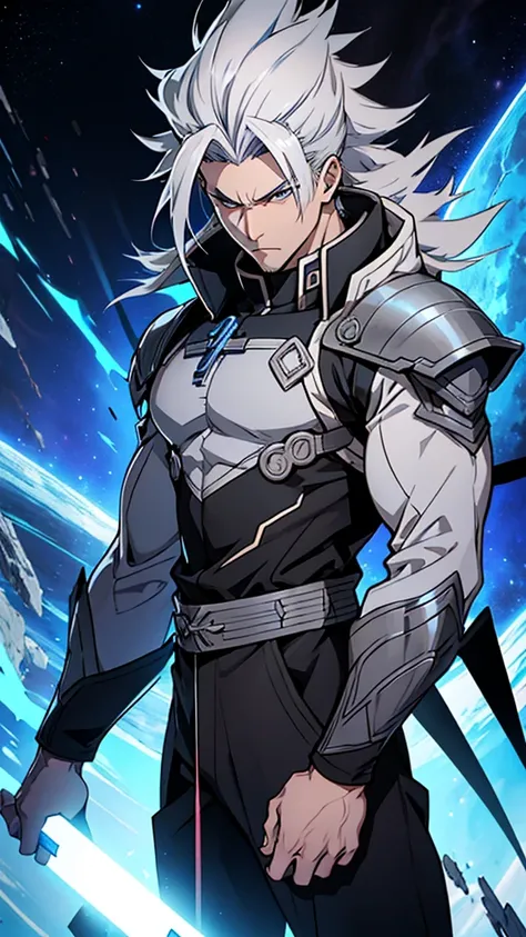 naughty man;
masculine;
brawny;
Platinum colored hair;
long and spiky hair;
bluish gray skin (avatar type);
Plasma veins;
Black colored eyes;
Cao Cao;
space background;