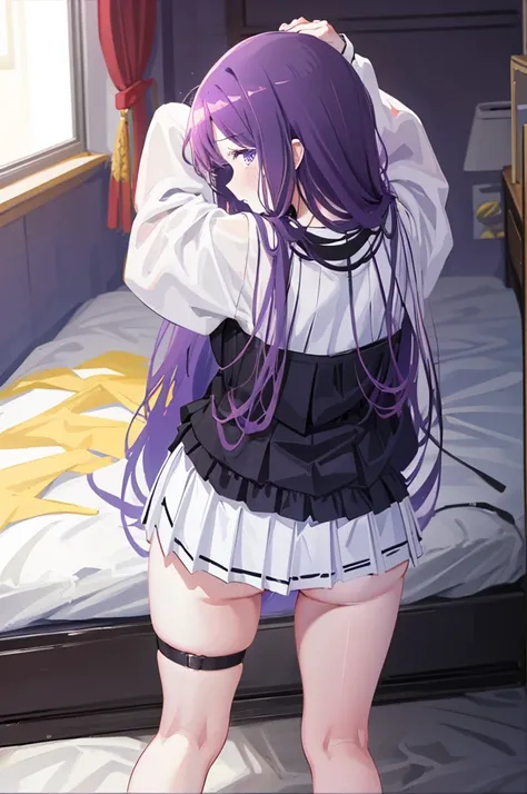 Turning around、look back、８K,Masterpiece、Light purple hair、Semi-long hair、、Japanese 、、、Lift up your skirt、On all fours、Showing panties、Stick your butt out、Turn your ass towards me、Blushing、、Showing panties、Pull up your skirt、Blushing、Bedroom
