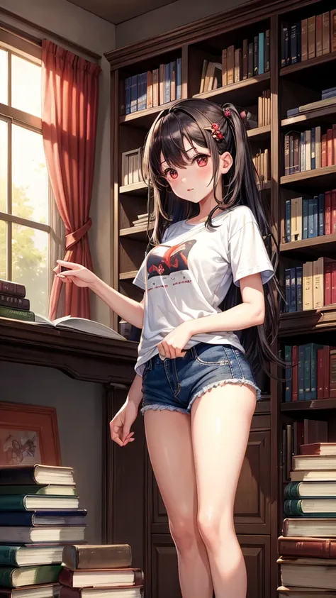 ((masterpiece,Best quality))1 girl, One, bookshelf, A stack of books, Suzuno, in room, short t-shirt, short shorts, stockings, hair ornament, Young, Red eyes,  