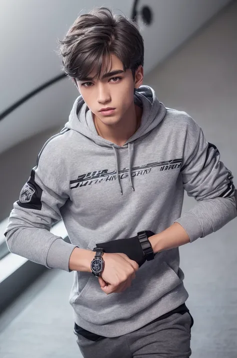 (8k high quality), (2d high quality), (high anime quality), (teenage handsome young boy), shining shaggy grey hair), (beautiful grey eyes), (smooth fair skin), (beautiful arched eyebrow), (silver wristwatch), (white t-shirt with different printed design), ...