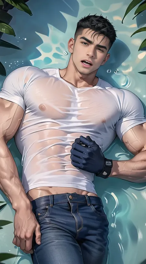 1 man,(lying on the water wall:1.6),(crew cut short hair:1.3),black eye,(Wear a fitted round neck t-shirt in navy with a police badge.:1.3),(fit neck),Navy blue jeans,(black_gloves),
Korean guy,chest muscles,large arm muscles,blood vessel,Big muscles,Broad...