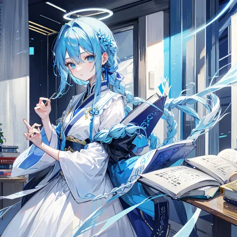 Blue braids，blue color eyes，with a halo on his head，Kamimei，Hold a book in hand