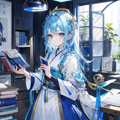 Blue braids，blue color eyes，with a halo on his head，Kamimei，Hold a book in hand