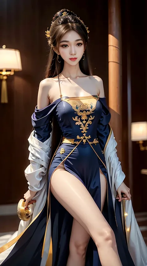 gufeng,bare shoulders, ((whole body)), ((from below)), ((gufeng,bare shoulders)), clear face, pretty face, 8K, masterpiece, original photo, best quality, detail:1.2,lifelike, detail, Very detailed, CG, Unite, wallpaper, depth of field, movie light, lens fl...