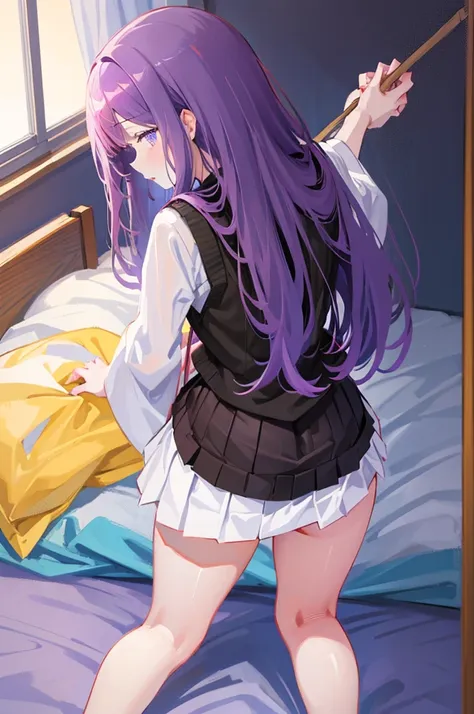 Turning around、look back、８K,Masterpiece、Light purple hair、Semi-long hair、、Japanese 、、、Lift up your skirt、On all fours、Showing panties、Stick your butt out、Turn your ass towards me、Blushing、、Showing panties、Pull up your skirt、Blushing、Bedroom
