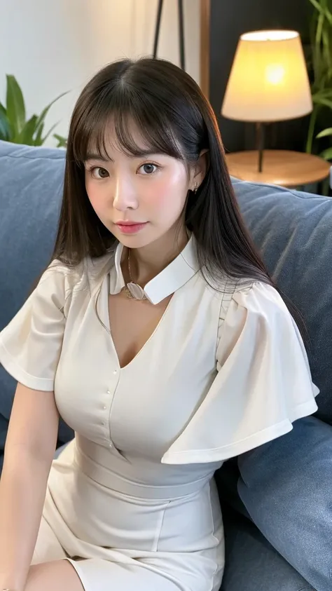  1 Girl, 30 years old，Chinese Face，Super white skin，Full chest, plump, slightly fat，High collar dress，Sitting on the sofa，Long hair