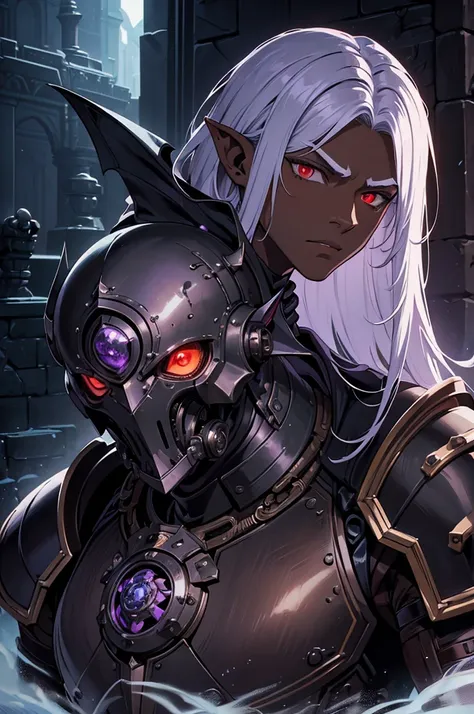 masterpiece, best quality, ultra high res, dark theme, 1boy, (dungeonpunk armor), (mechanical steampunk armor), (wearing armor), fantasy illustration, dark skinned, human, upper body, portrait, red eyes, long white hair, half-drow, pointy ears, serious fac...