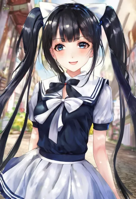 Highest quality, girl, Twin tails, Black Hair, bow 髪, Captivating smile, Iris, Long eyelashes, Small breasts, Sailor, Long skirt, shoes, Stinking eyes, reproachful eyes, scornful eyes, stare or glare with scornful eyes