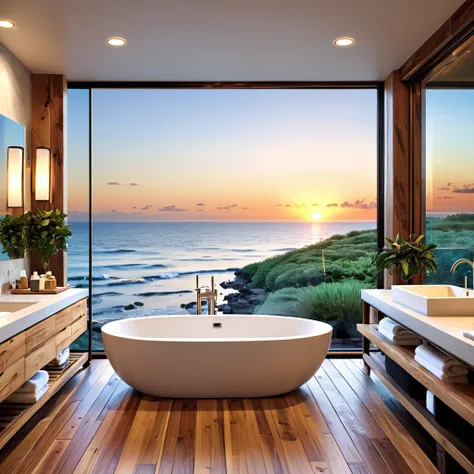 Design an opulent and relaxing bathroom with a panoramic ocean view. The space should include expansive floor-to-ceiling windows that lead to a deck with a sea view. Features should include a large glass-enclosed shower, a wooden vanity with dual sinks, an...