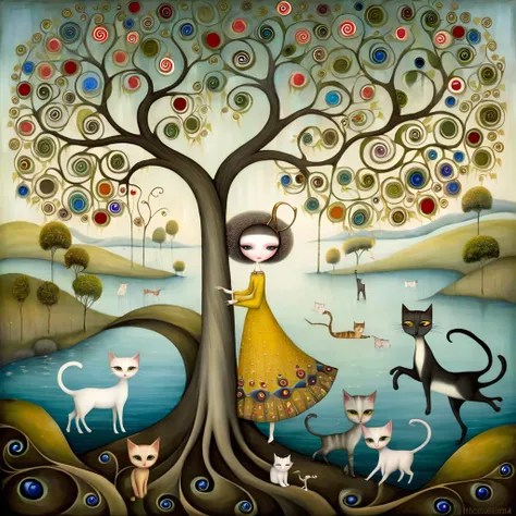 style inspired by Klimt, Nicoletta Ceccoli, Naoto Hattori, Didier Lourenço, and Leonora Carrington. On the banks of a river a large tree with many branches moving in every direction. On the branches are cats, with long necks and tails and many colors.