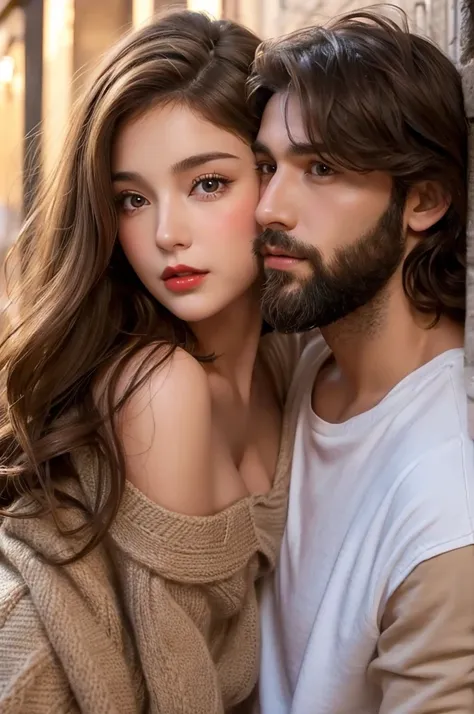 A handsome, bearded French man was holding hands with a short, busty beautiful girl with light brown, medium-long hair, sexy hazel eyes, and red lips, who resembled a French doll.、A sexy scholar with shoulder-length brown eyes, droopy eyes, a thin nose and...