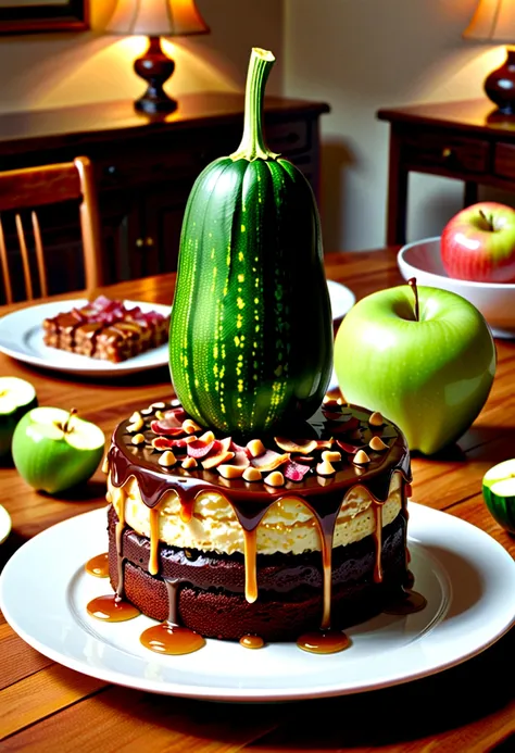 zucchini, bacon, Chocolate Chips, cake, Caramel Syrup, apple, dining table