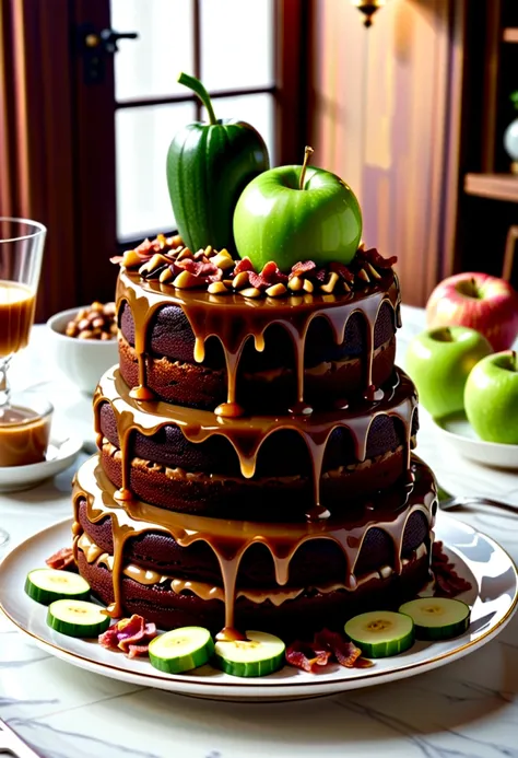 zucchini, bacon, Chocolate Chips, cake, Caramel Syrup, apple, dining table