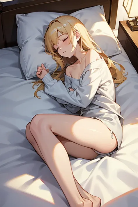 a beautiful blonde haired girl sleeping in a bed, wearing tight long sleeve shits、torn clothes, slender figure, beautiful collarbone