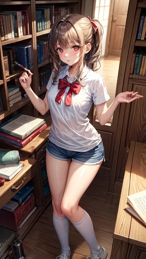 ((masterpiece,Best quality))1 girl, One, bookshelf, A stack of books, Suzuno, in room, drinks water from a bottle, spills water,wet face,wet neck, Sports topic, short shorts, stockings, hair ornament, Young, Red eyes,  