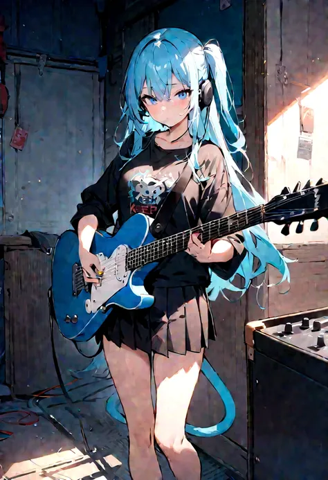 ((masterpiece, best quality))1 Girl, Solitary, Black skirt, blue eyes, electric Guitar, Guitar, earphone, Double tail, Keep, Keep plectrum, Musical Instruments, Long hair, music, one side up, Cyan hair, Double tail, 弹Guitar, Pleated Skirt, Black shirt, Int...