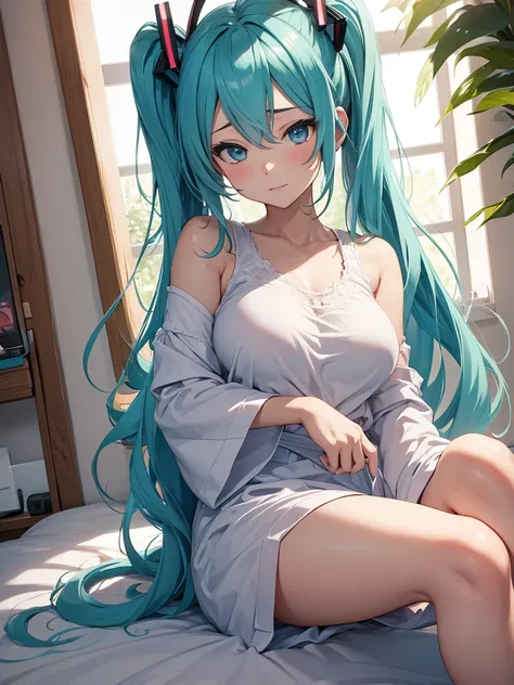 hatsune miku, wake up, pijamas, big tits