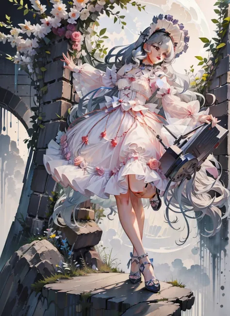 (Extremely delicate and beautiful:1.5),A Russian girl in her early 20s with ash grey hair, standing on your feet, solo, full body，Sweet face，Light smile，By bangs, Gemstone eyes, Contre-Jour，Long curly hair, Gothic-lolita dress, Keep ones mouth shut, seen f...