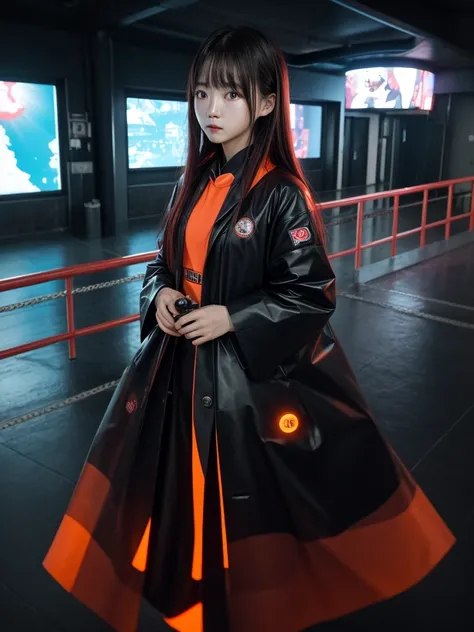 8K, RAW Photos, top-quality, ​masterpiece: 1.2),fish-eye lens、(((Wide View)))、Inside the station、Station platform、fish-eye lens、look at a camera、Cool pose、Hair disheveled in the wind、fully body photo、Red or orange neon、Cyberpunk movies、Raw photo of beautif...