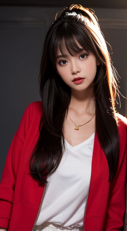 Solo girl , Red jacket , white shirt , black pants , good face, attractive lips , golden necklace , dark background , Shine hair