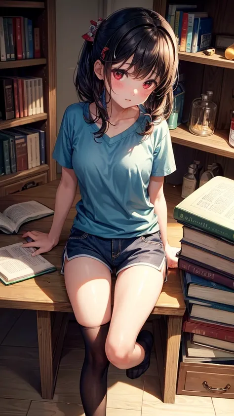 ((masterpiece,Best quality))1 girl, One, bookshelf, A stack of books, Suzuno, in room, Bottle of water in hand,  drinks water from a bottle, spills water,wet face,wet neck, Sports topic, short shorts, stockings, hair ornament, Young, Red eyes,  