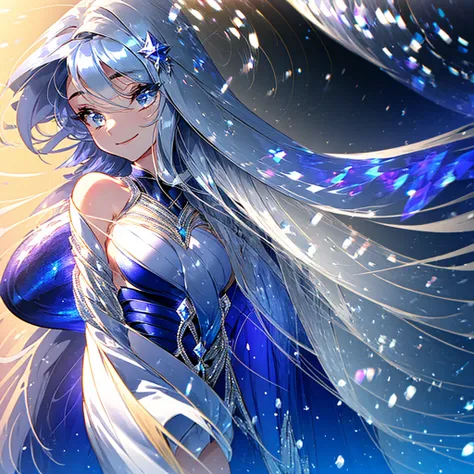 beautiful girl, long loose silver hair with some blue at the end, perfect body, a beautiful smile, star like pattern golden blue...