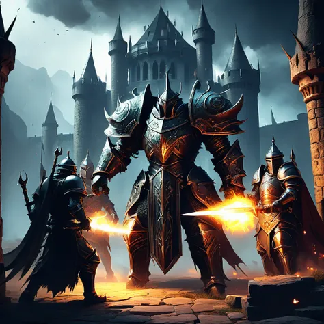 Amidst the towering spires of a medieval dark fantasy castle, a fearsome four-armed humanoid warrior guards an ancient, forbidden artifact. Clad in shimmering armor adorned with arcane symbols, this sentinels eyes blaze with an otherworldly glow, hinting a...