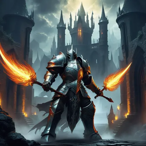 Amidst the towering spires of a medieval dark fantasy castle, a fearsome four-armed humanoid warrior guards an ancient, forbidden artifact. Clad in shimmering armor adorned with arcane symbols, this sentinels eyes blaze with an otherworldly glow, hinting a...