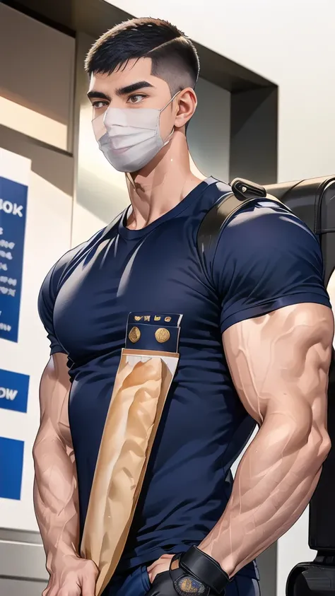 (handsome Man),(crew cut short hair:1.8),black eye,(Wear a fitted round neck t-shirt in navy with a police badge.:1.5),(fit neck),Navy blue jeans,(black_gloves:1.2), Korean guy,chest muscles,large arm muscles,blood vessel,Big muscles,Broad shoulders, (open...