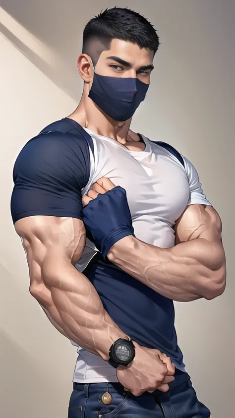 (handsome Man),(crew cut short hair:1.8),black eye,(Wear a fitted round neck t-shirt in navy with a police badge.:1.5),(fit neck),Navy blue jeans,(black_gloves:1.2), Korean guy,chest muscles,large arm muscles,blood vessel,Big muscles,Broad shoulders, (open...